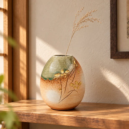 Rounded Hechimon Meiyo vase with one dried grass stem on a warm wooden shelf.