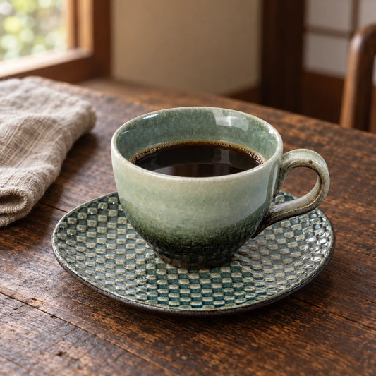 Olive-green Hechimon Shigaraki mosaic cup and saucer with black coffee on a wooden table beside folded linen.