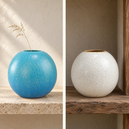 Turquoise Tama vase with one dried grass stem and white Tama vase displayed empty in separate scenes; color options sold individually.