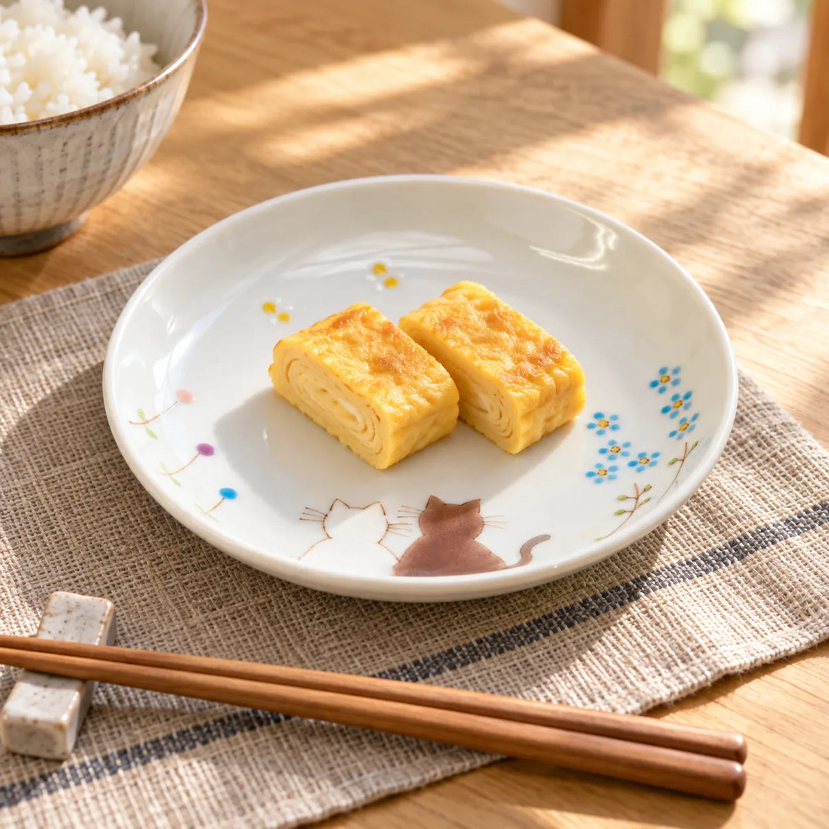 White Kutani Hidamari Cats plate holding two pieces of tamagoyaki, with the painted cats and blue flowers visible at the rim