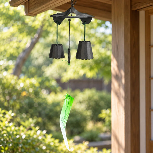 Ikenaga Nambu iron wind chime with two bells and a central hanging striker above its green paper strip on a sheltered timber porch