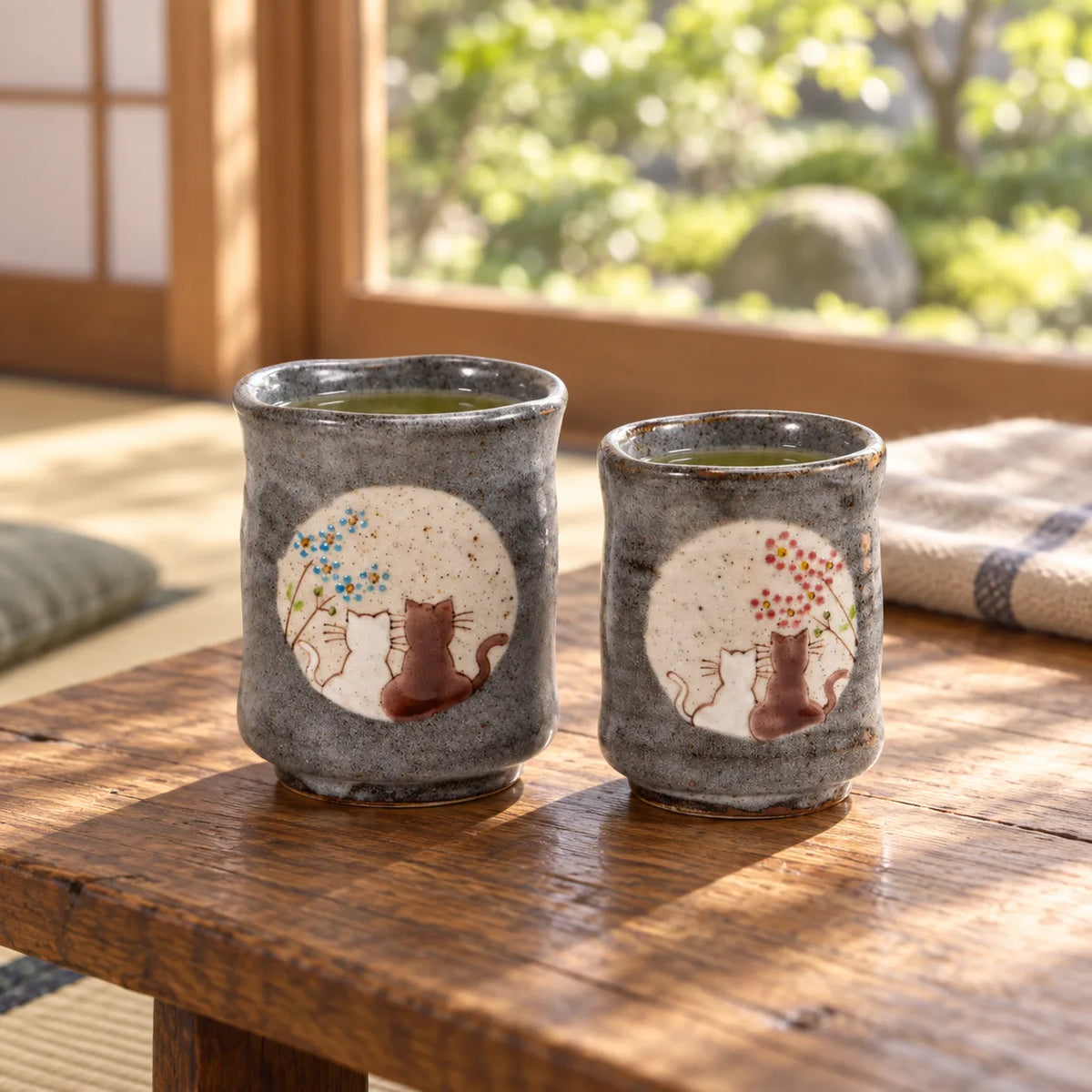 Larger blue-flower and smaller pink-flower Hidamari cat yunomi cups with sencha by a garden window