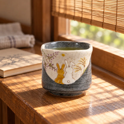 Une tasse yunomi Iroe Yū Hidamari à lapin, contenant du thé, dans un intérieur japonais ensoleillé