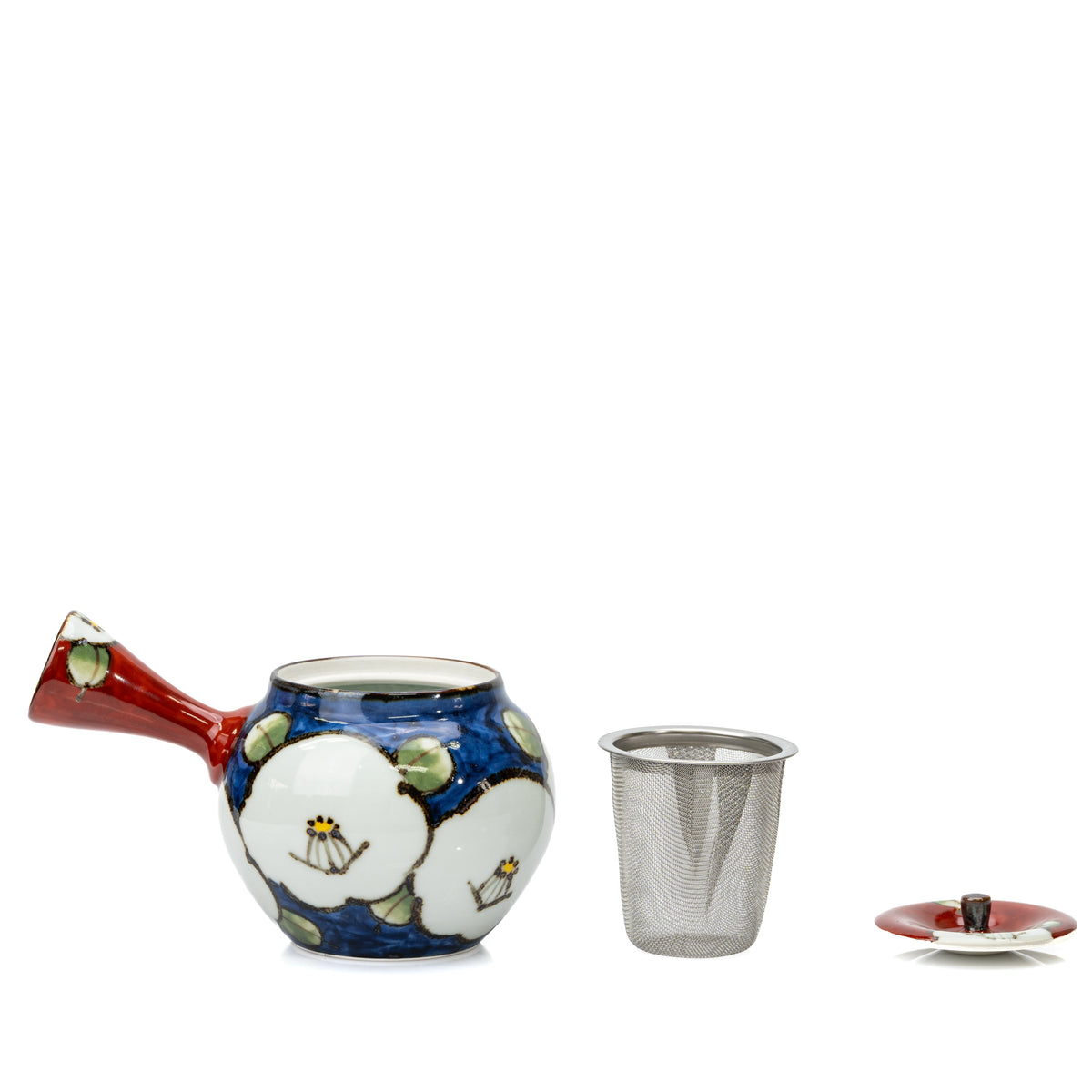 Open camellia teapot with removable metal strainer and lid placed beside it.