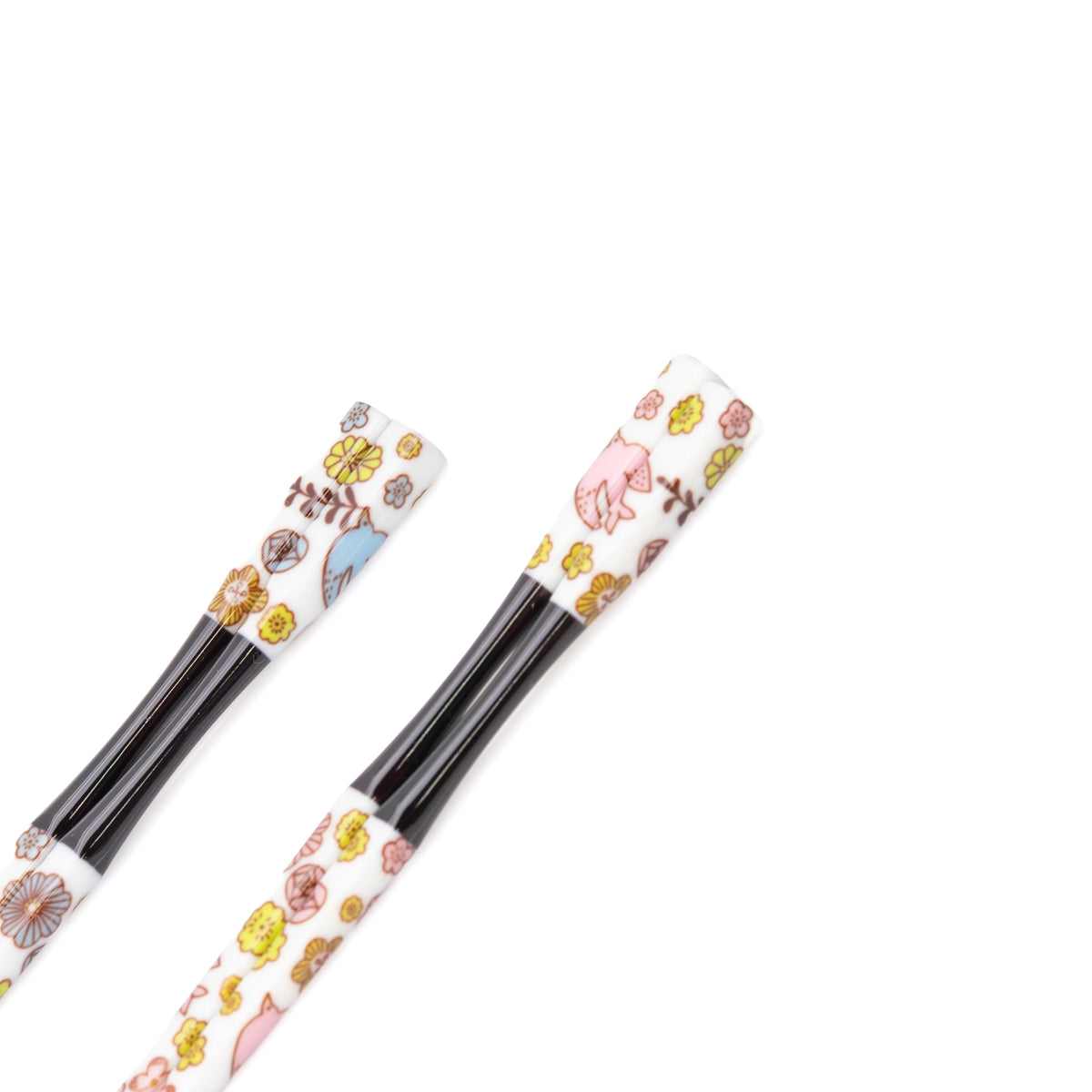 Close-up of the colorful floral decoration on the chopstick handles.