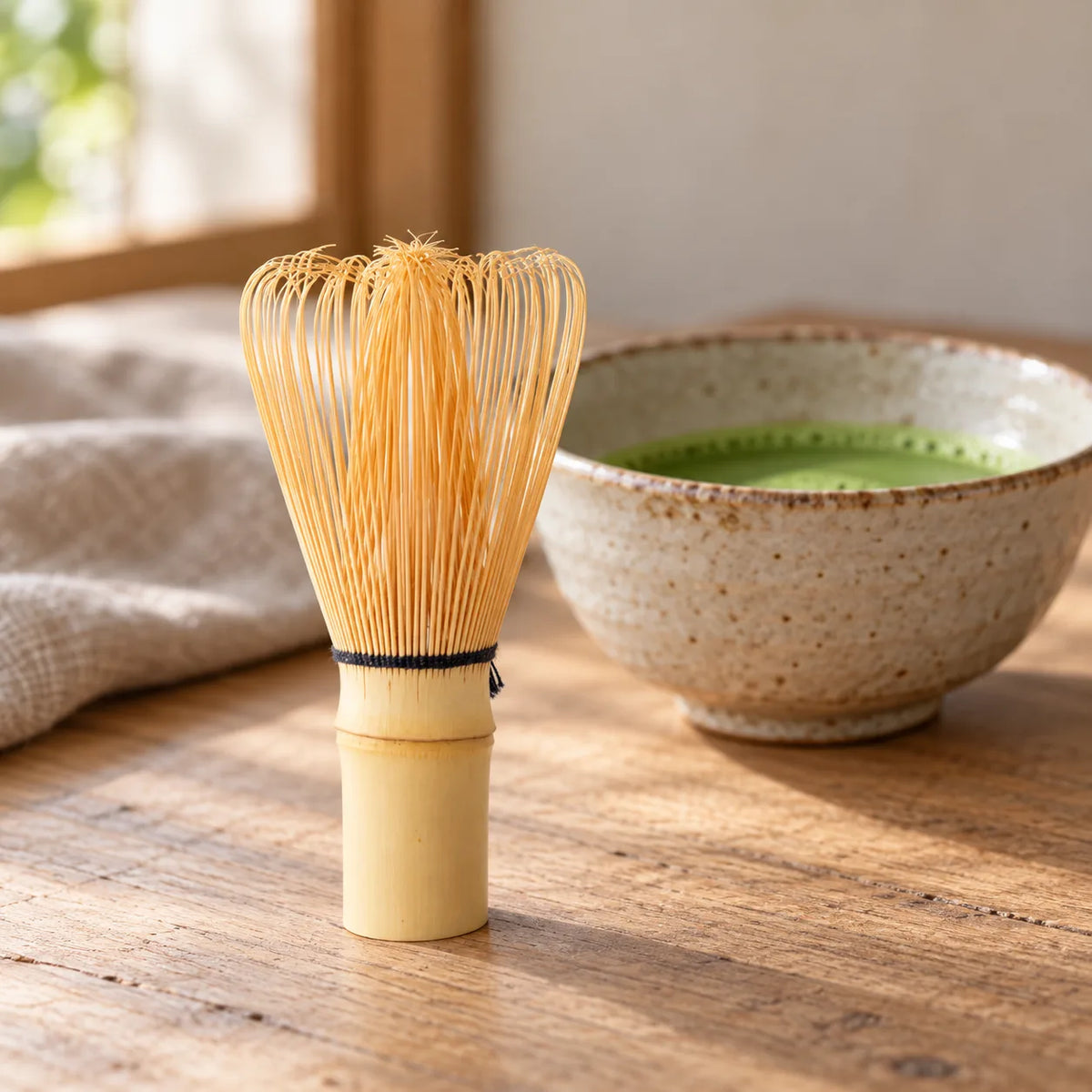 Kazuho bamboo matcha whisk standing beside a bowl of whisked matcha on a wooden table.