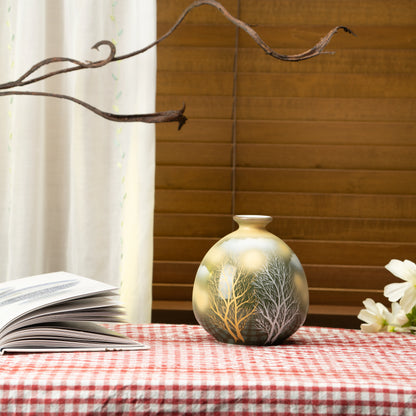 Tree-patterned Kutani vase on a red checked tablecloth beside a book and white flowers.