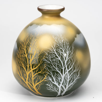 Olive-green Kutani bud vase with gold-colored and silver-white trees on a white background.