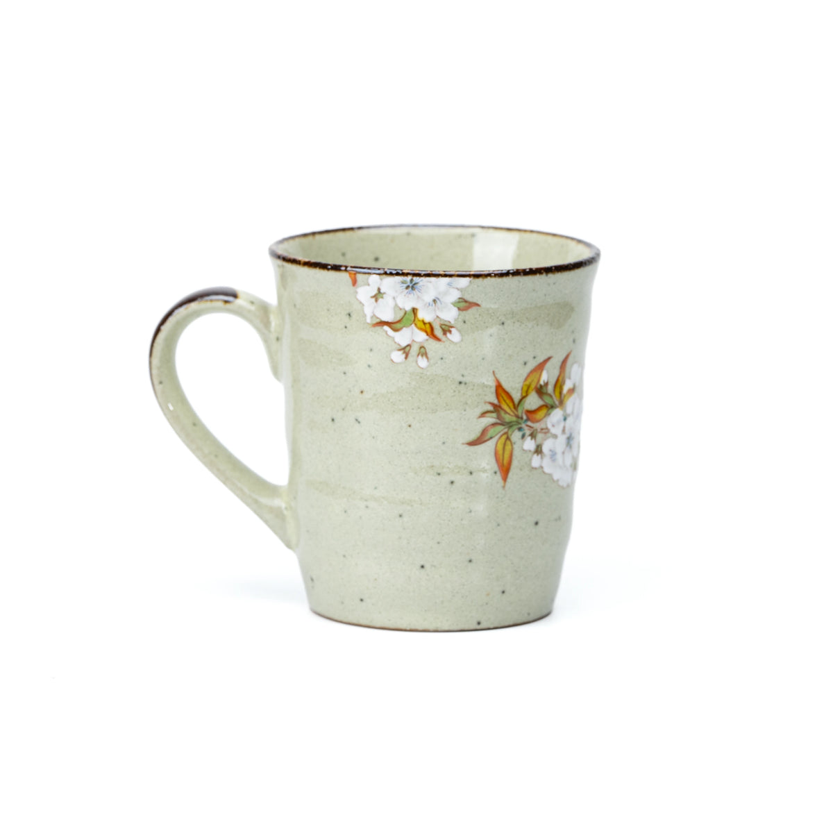 Side view of white cherry blossoms painted near the mug's rim.