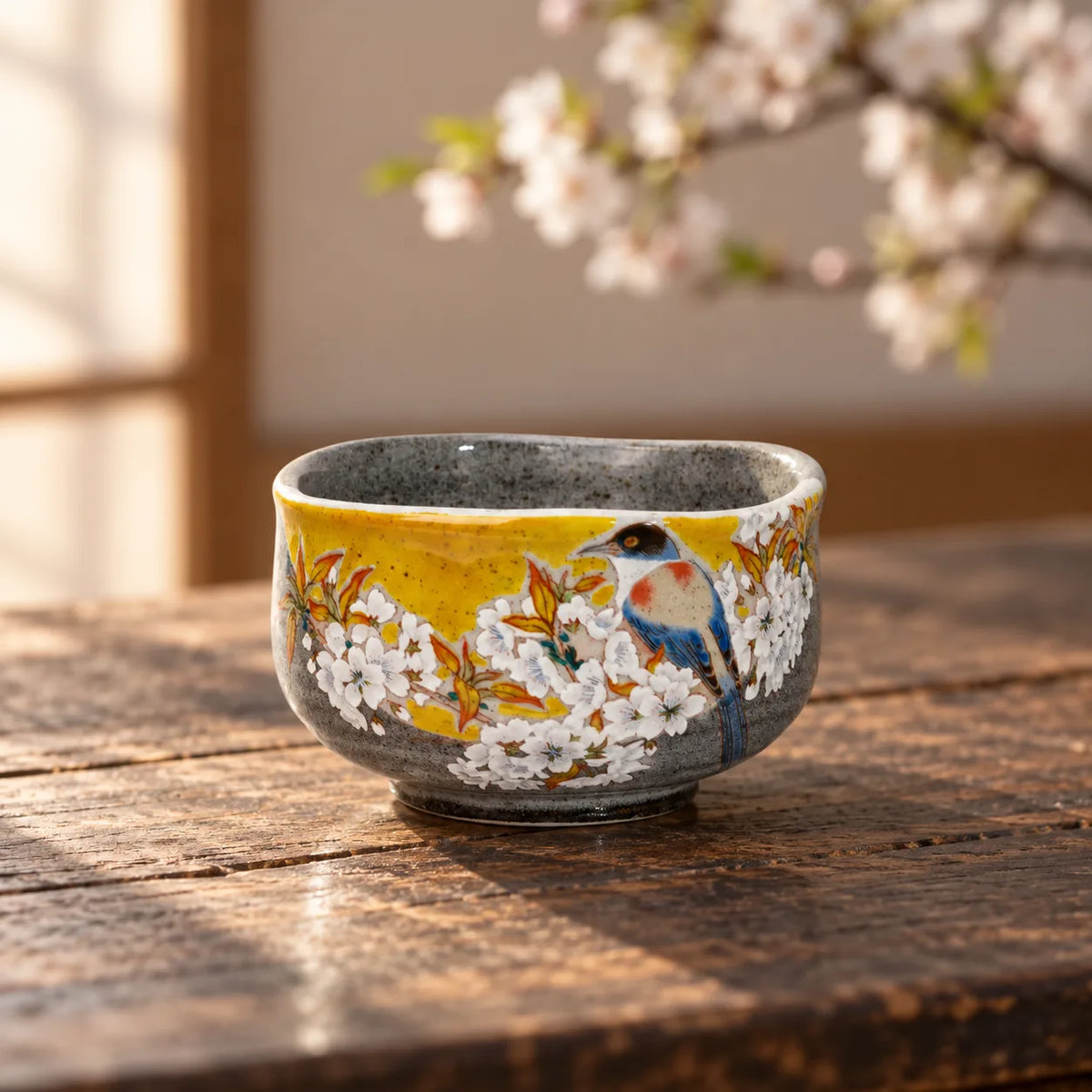 Kutani matcha bowl with a painted bird and wild cherry blossoms on a wooden table in soft spring light.