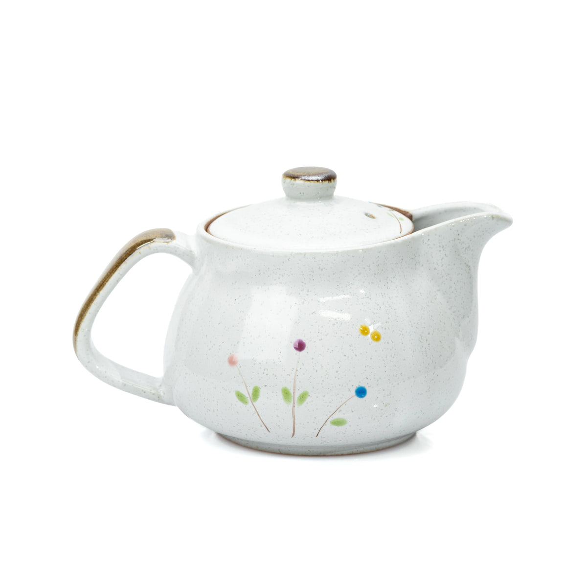 Reverse side of the teapot with small painted flowers.
