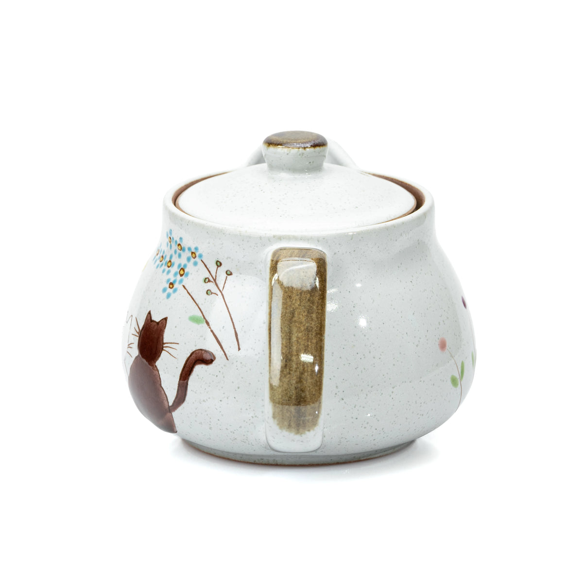 Rounded brown handle and cat decoration on the teapot.