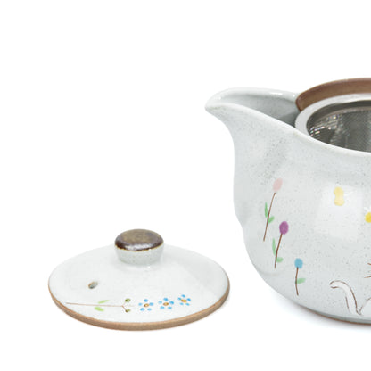 Decorated teapot lid beside the open body and spout.