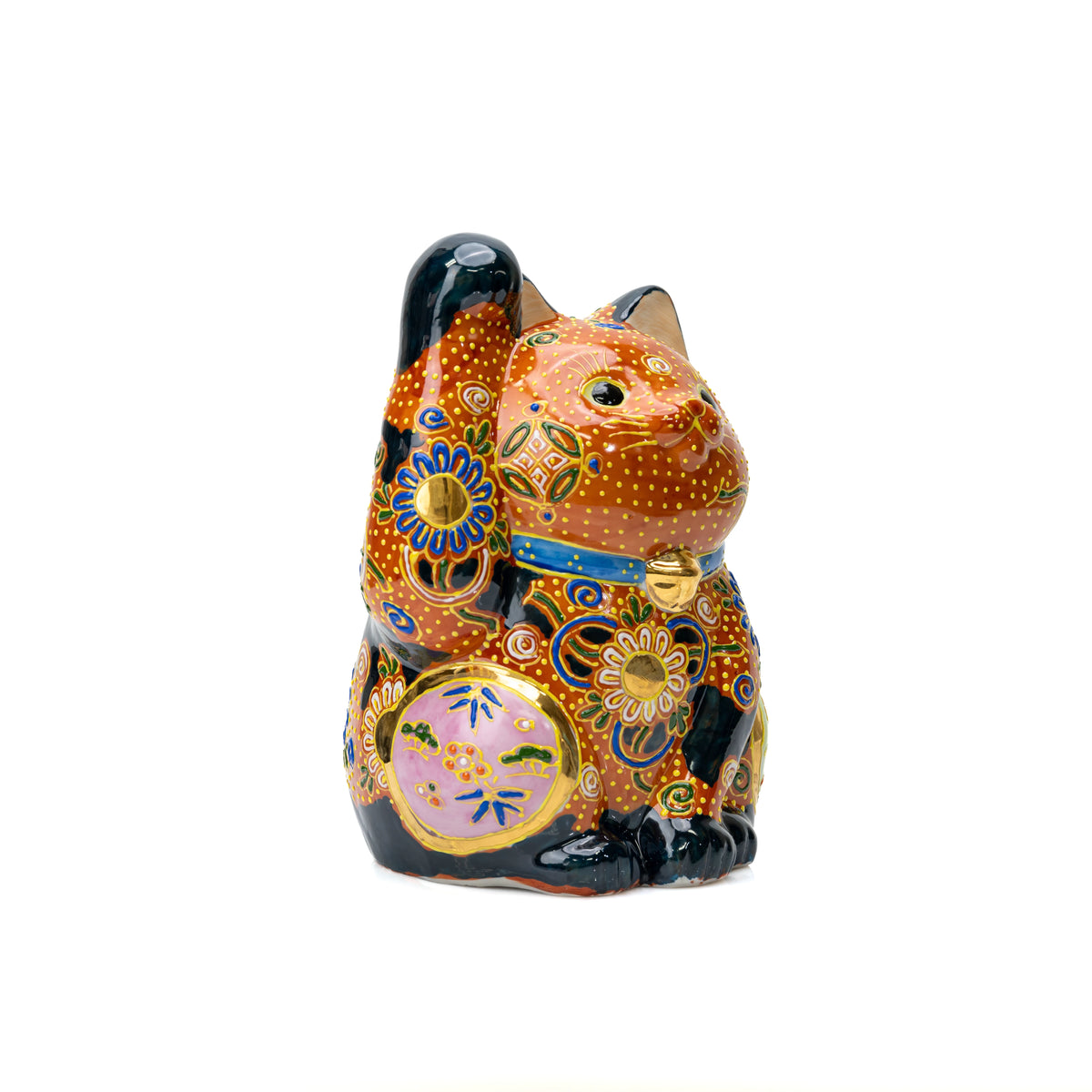 Angled front view of the orange and black Kutani lucky cat.