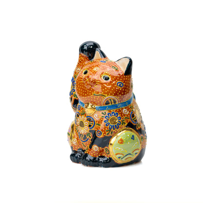 Opposite front angle of the floral lucky cat and round decorative panels.