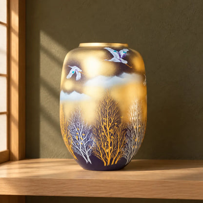 Kutani crane and woodland vase displayed empty on an oak shelf in soft daylight