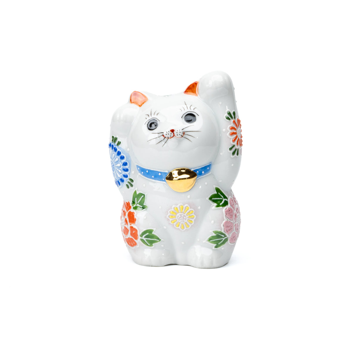 White Kutani lucky cat with both paws raised, blue collar and colorful flowers on white.