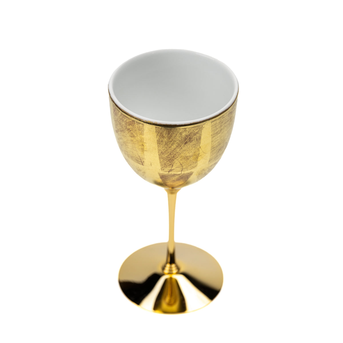 Angled top view of the gold wine cup and white interior.