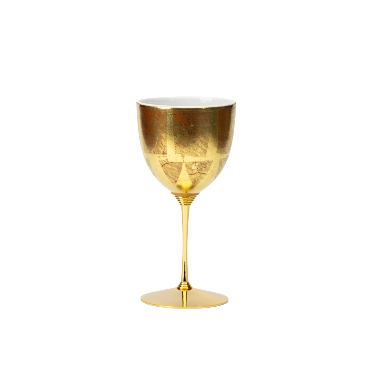 Gold-leaf porcelain wine cup on a slender gold stem on white.