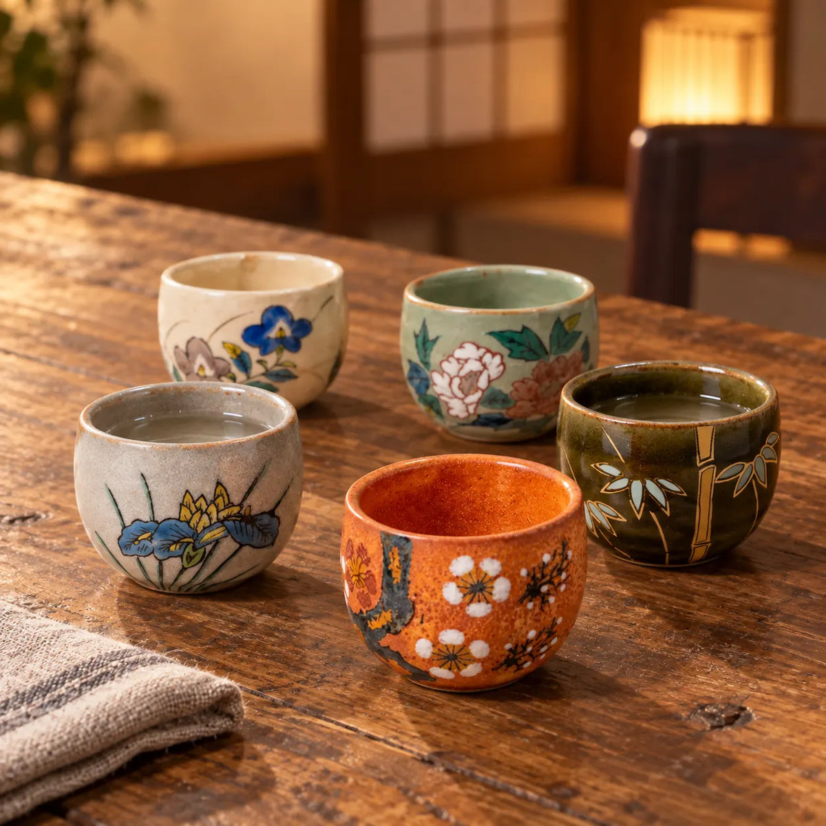 Five Kutani sake cups with flower and bamboo designs on a wooden table, two holding a clear drink