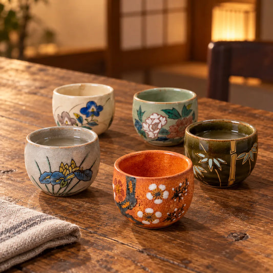 Five Kutani sake cups with flower and bamboo designs on a wooden table, two holding a clear drink