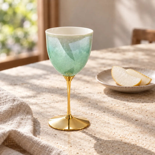 Single pale green Kutani porcelain wine cup on a gold stem beside Asian pear on a sunlit table