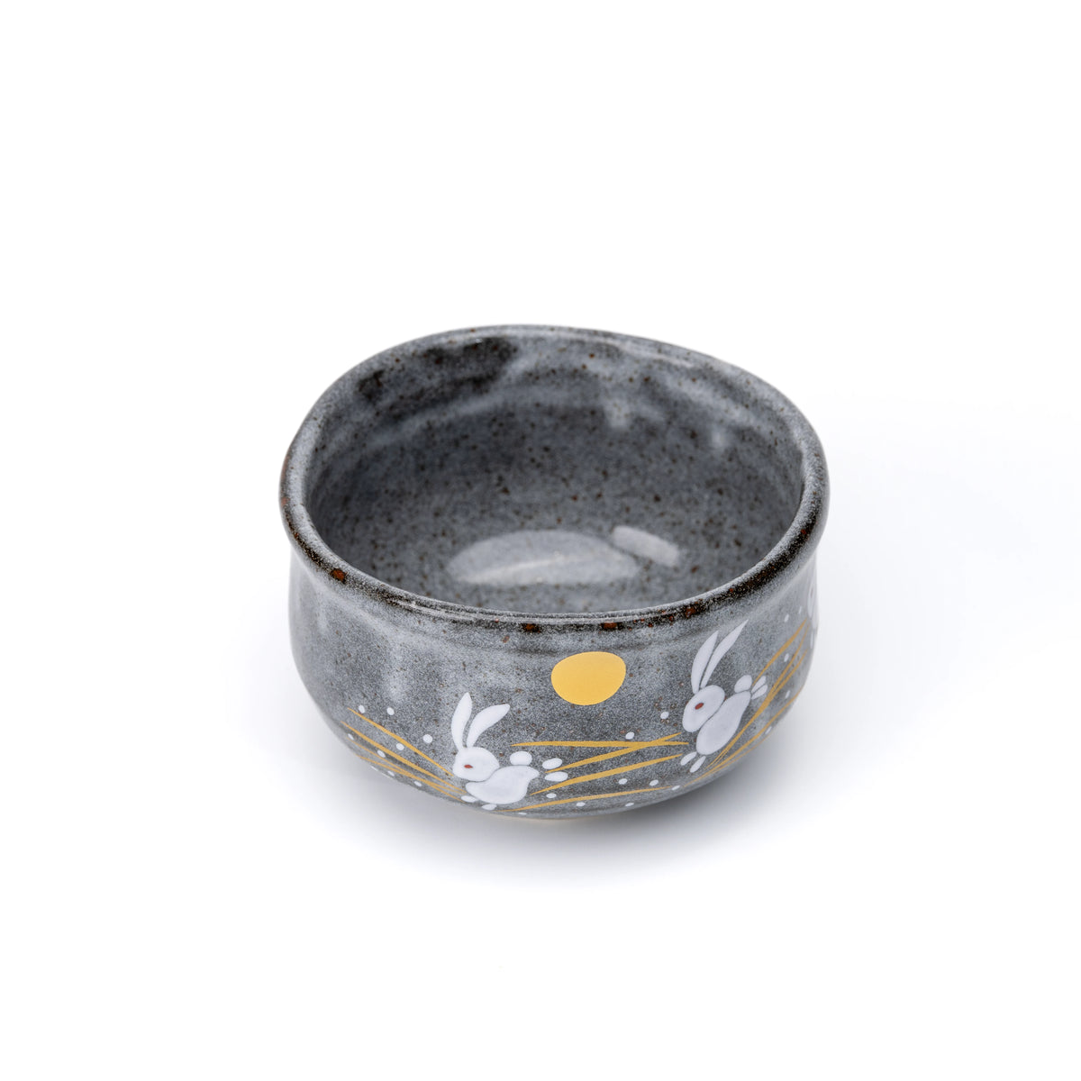Wide opening and interior of the gray rabbit matcha bowl.