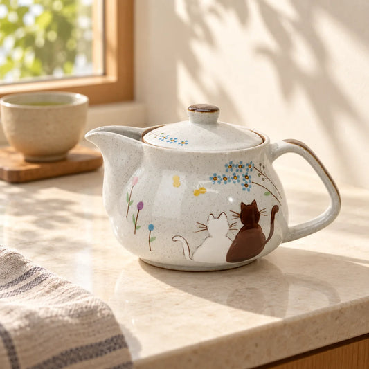 Kutani Hidamari teapot with two painted cats on a sunlit kitchen counter