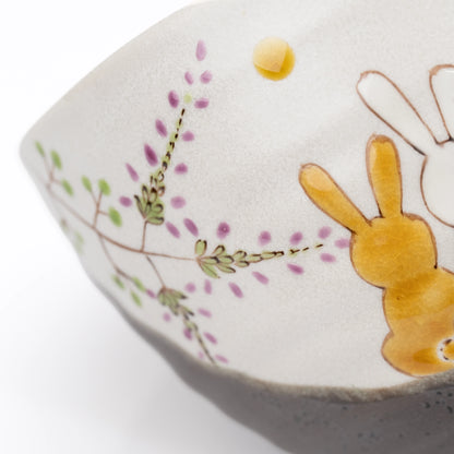 Painted rabbits, grasses and golden-colored moon on the bowl.