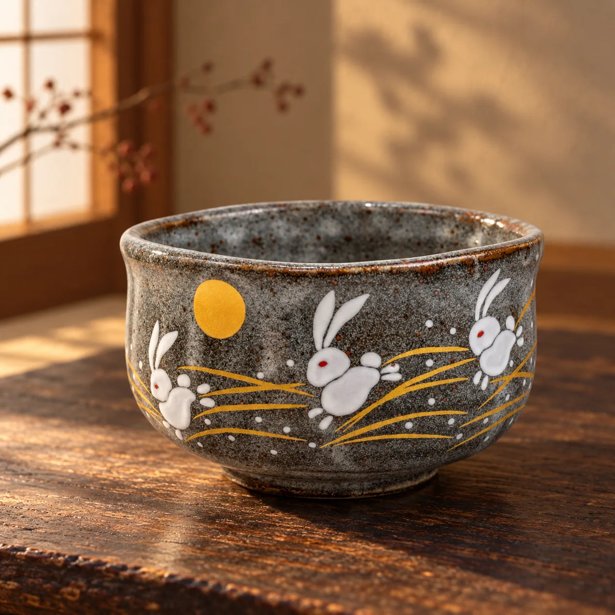 Kutani matcha bowl with three raised white rabbits, a golden moon and grasses on a warm wooden table.