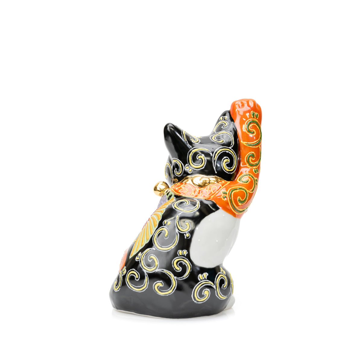 Side and back view of the black lucky cat with gold scroll decoration.