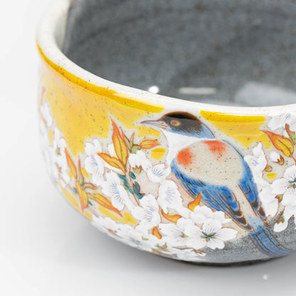 Blue bird and white cherry blossoms painted beneath the bowl's rim.