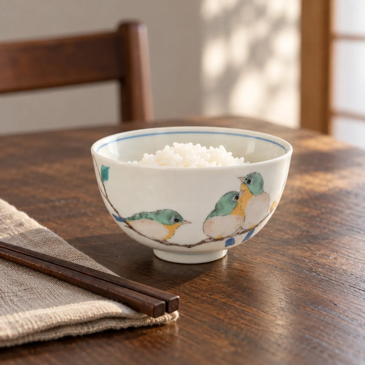 Petit bol à riz Kutani à décor de trois oiseaux mejiro peints, contenant du riz blanc sur une table en bois