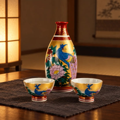 Kutani peacock and peony sake bottle with two small matching cups on a warmly lit evening table