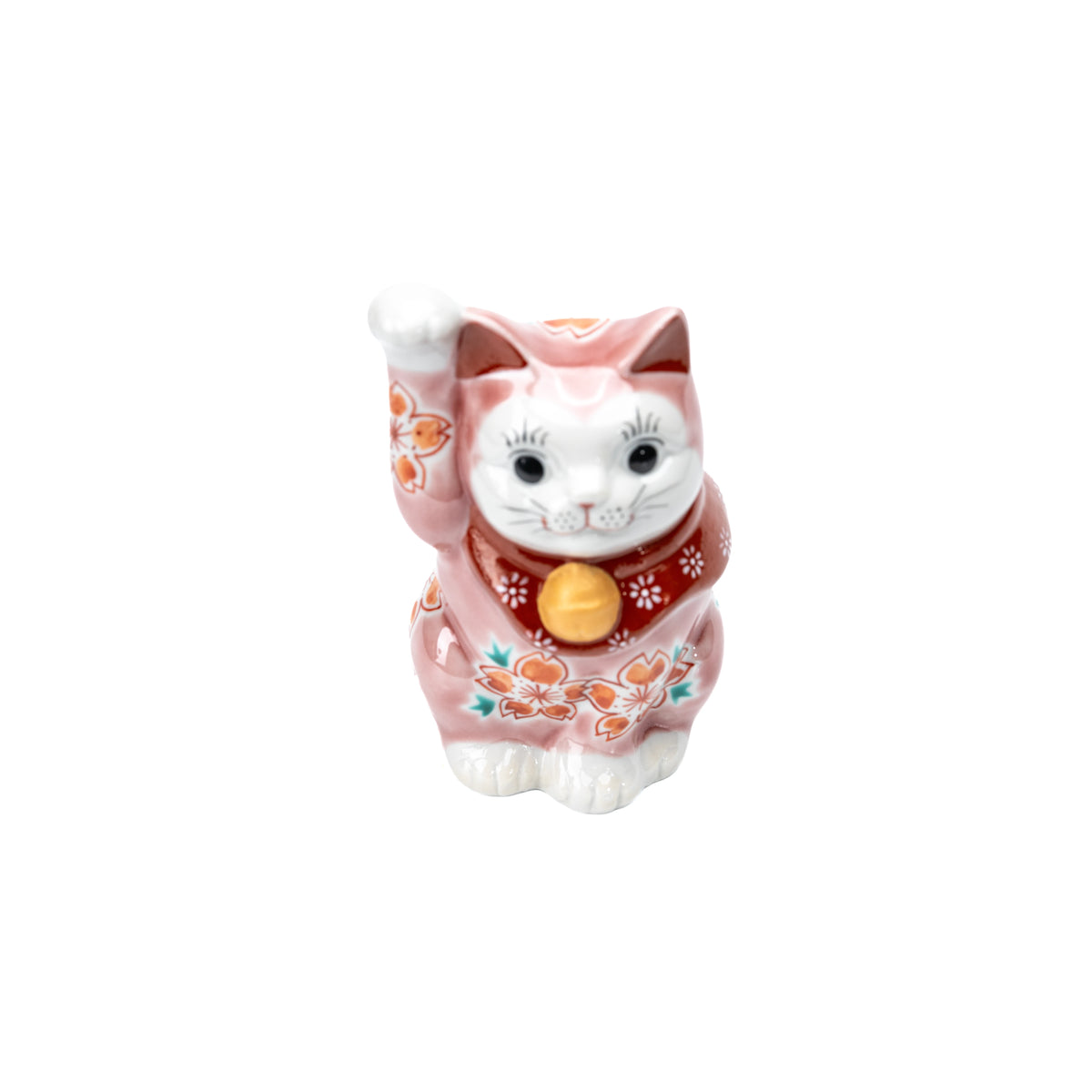 Front view of the pink cherry blossom lucky cat on white.