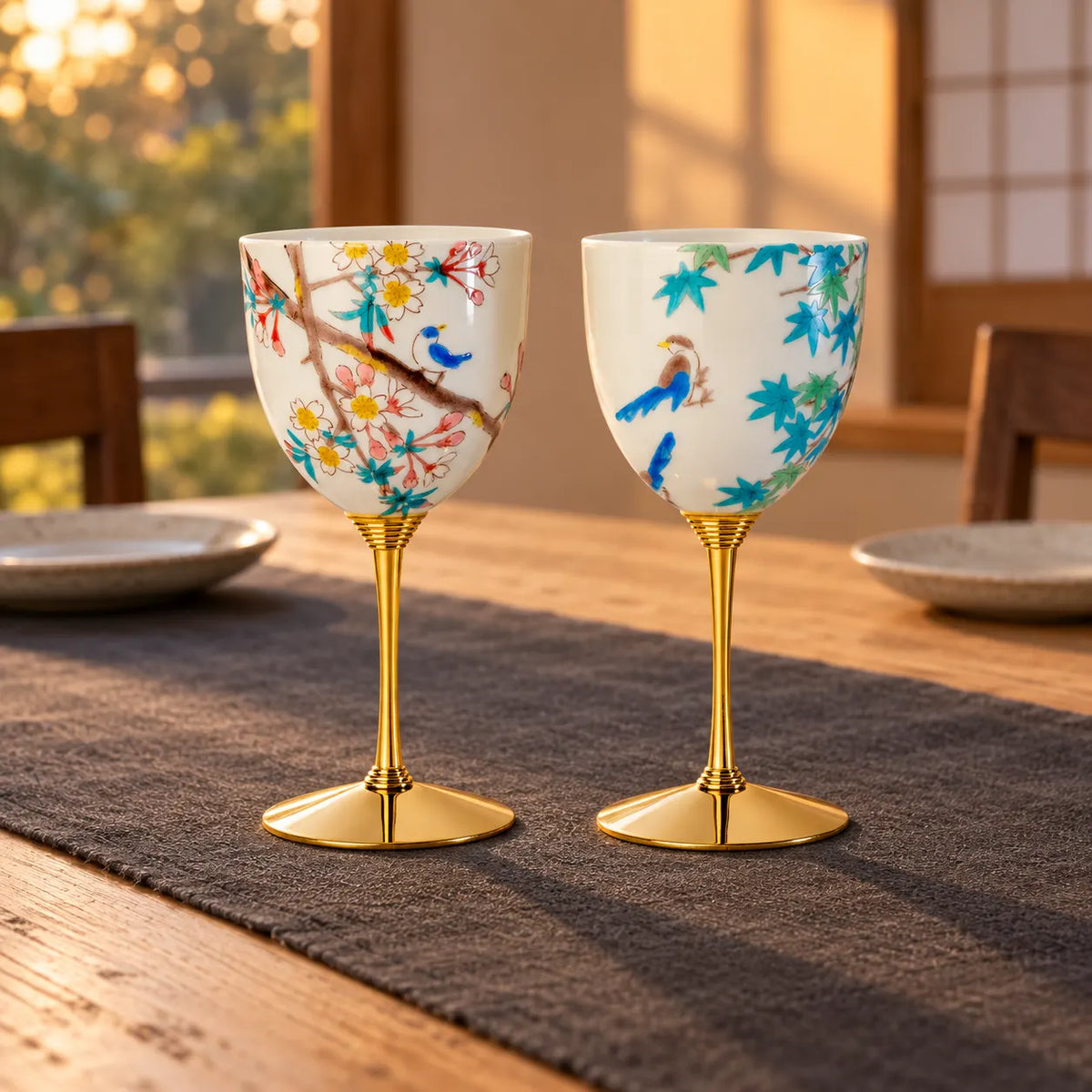 Pair of Kutani porcelain wine cups with spring blossoms and autumn maple birds on a quiet dining table