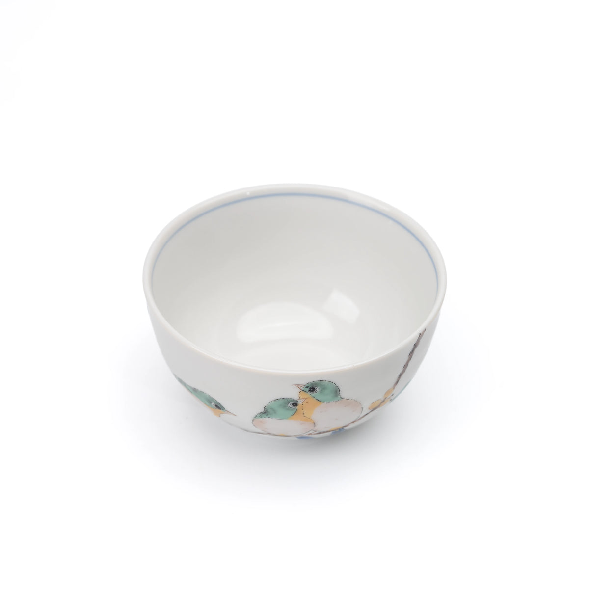 White bird rice bowl viewed from above, showing its plain interior.