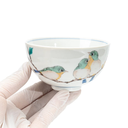 Bird rice bowl held in a gloved hand.