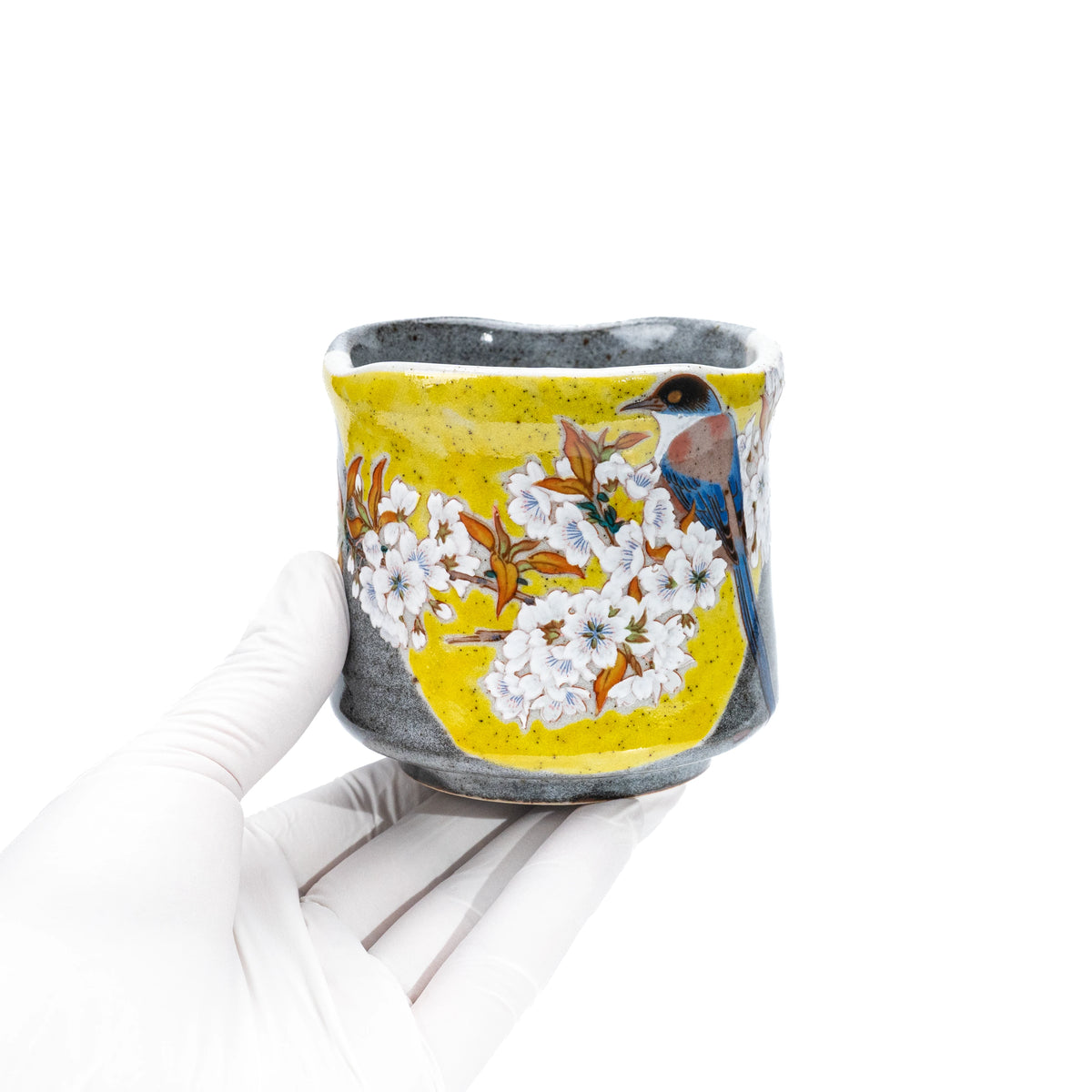 Kutani cherry blossom and bird yunomi held in a gloved hand.
