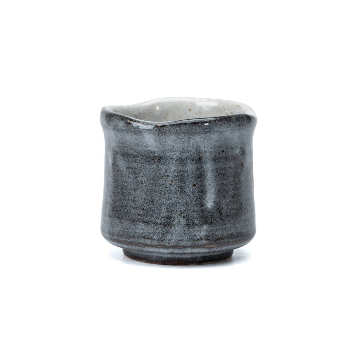 Back of the gray glazed Kutani yunomi with its gently flared rim.