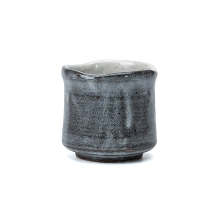 Back of the gray glazed Kutani yunomi with its gently flared rim.
