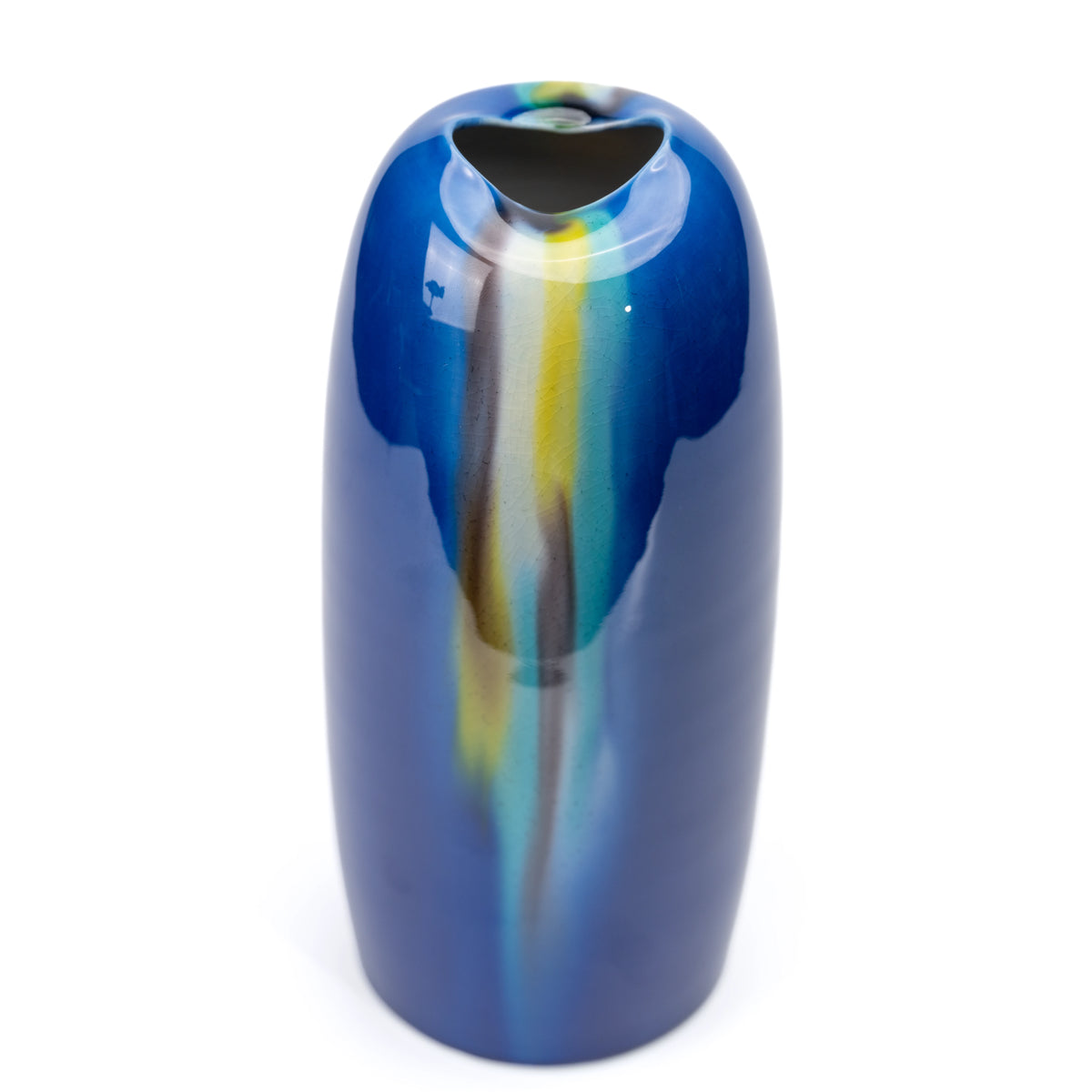 Angled top view of the blue vase and its small opening.
