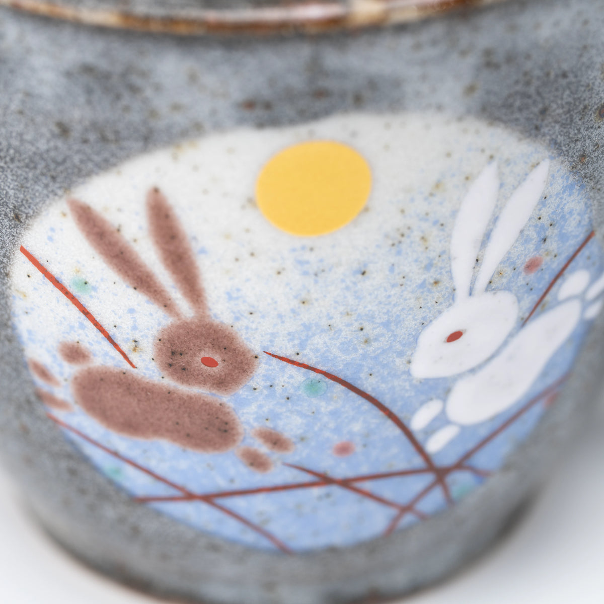 Close-up of white and brown rabbits beneath a yellow moon.