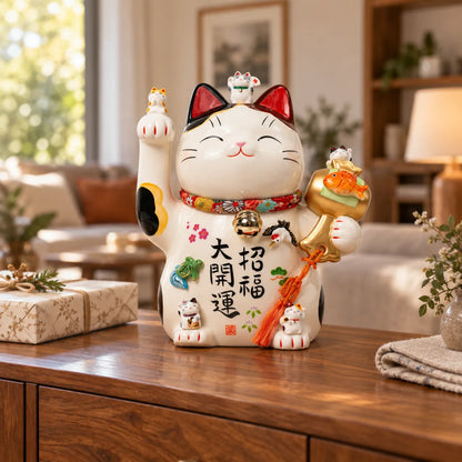 Large Yakushigama lucky cat with gold mallet and attached kittens beside a wrapped gift on a wooden sideboard