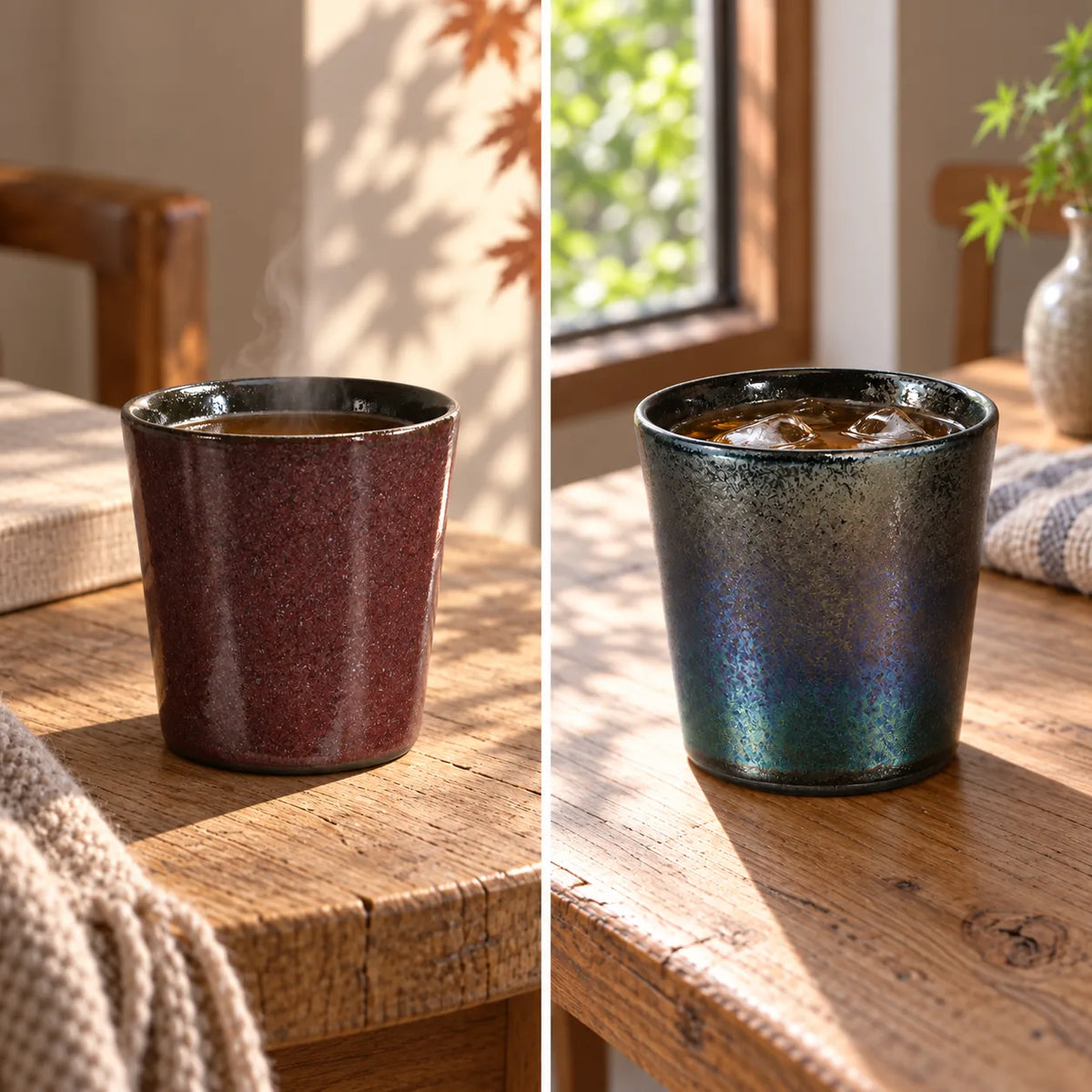 Gobelet Bordeaux contenant du hojicha chaud et gobelet Black Luster contenant du thé d’orge glacé, dans deux mises en scène de table distinctes