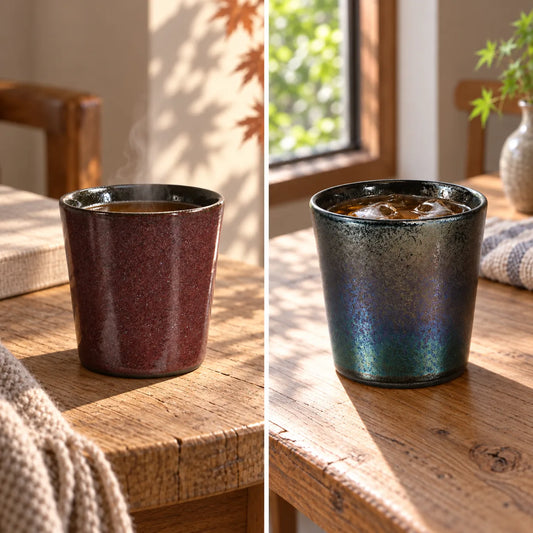 Bordeaux tumbler with hot hojicha and Black Luster tumbler with iced barley tea in separate table scenes