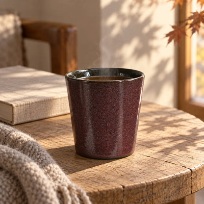 Un gobelet Mino en céramique à double paroi, coloris Bordeaux, contenant du hojicha chaud, sur une table en chêne à côté d’un livre