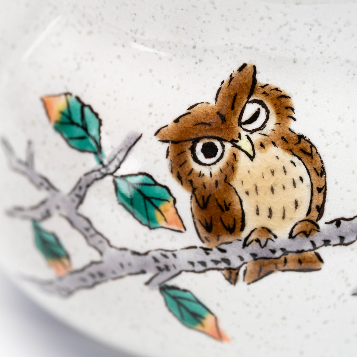 Close-up of a brown owl on a branch on the Kutani teapot.