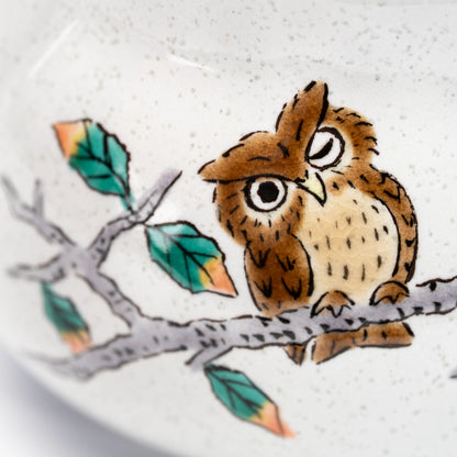Close-up of a brown owl on a branch on the Kutani teapot.