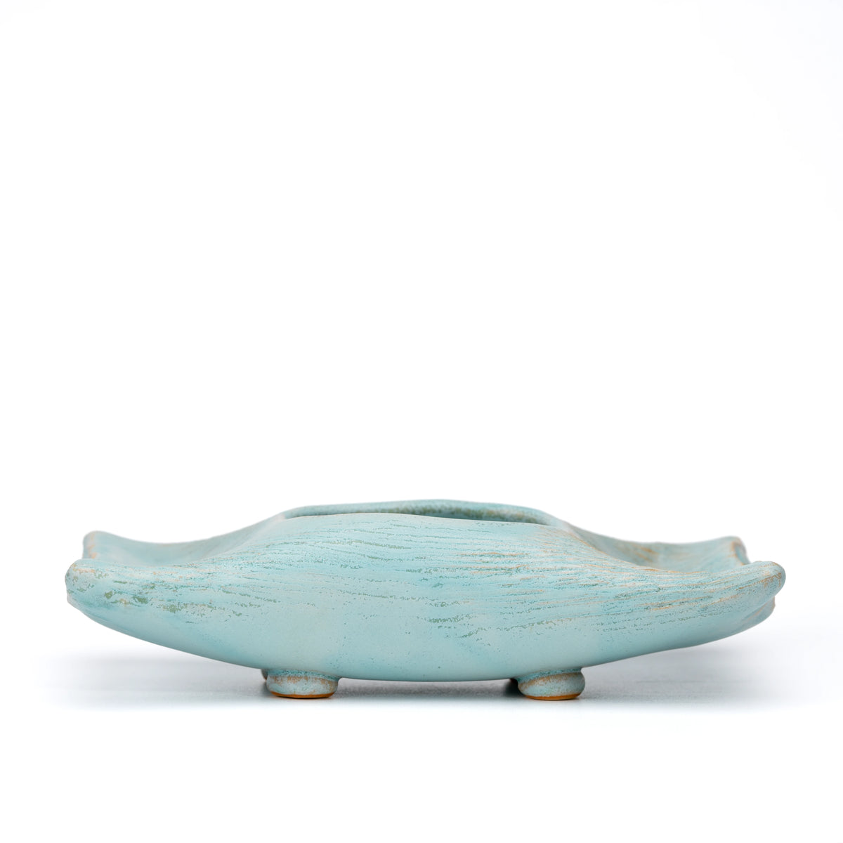 Pale blue Hechimon flower vase with a rippled rim and short feet on a white background.